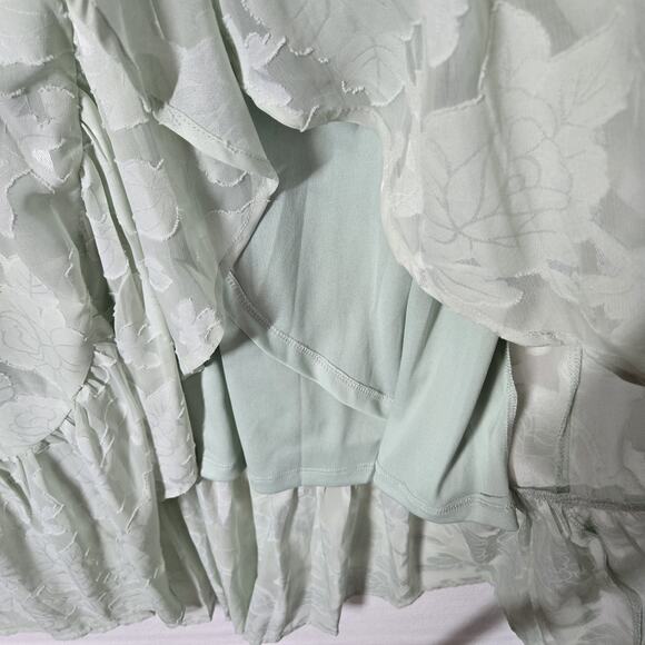 Lulu's Jacquard Short Sleeve Wrap Midi Dress S Blissfully Sage Green Ruffle - Picture 6 of 12